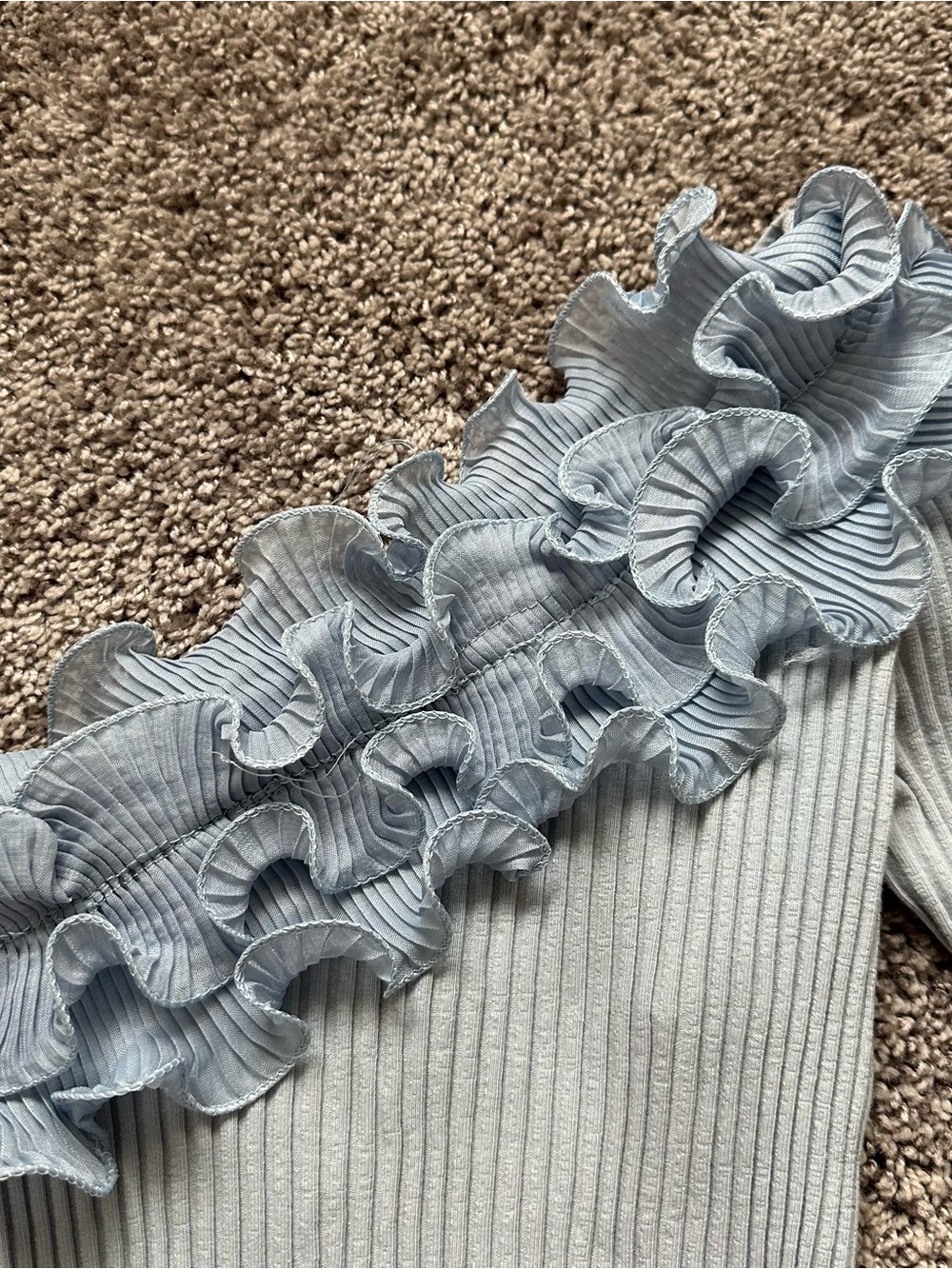 Zara Light Blue One-Shoulder Ruffle Ribbed Sweater - Picture 3 of 4